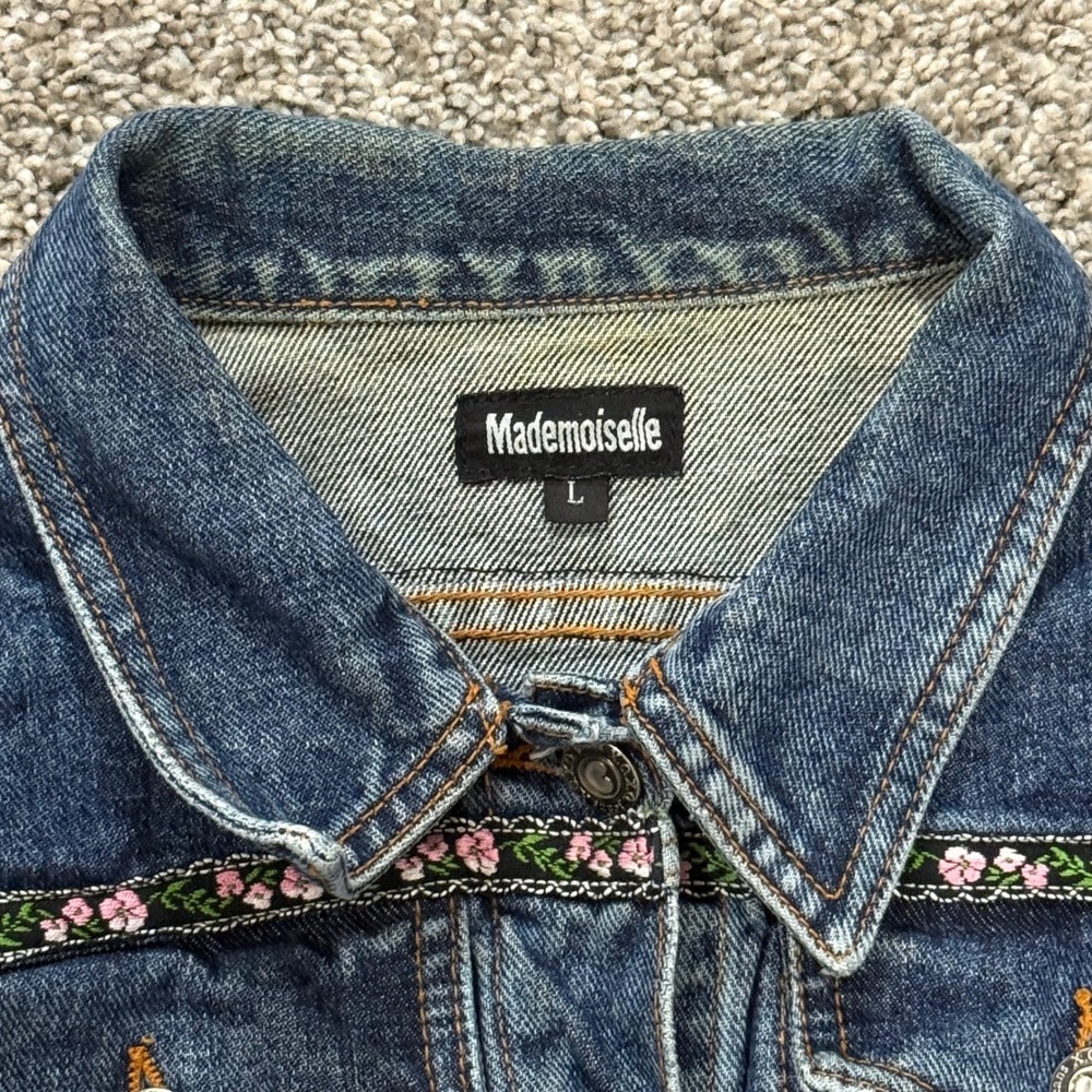 VTG Mademoiselle Womens Denim Jean Jacket Embroidered Floral Trim Size S - Picture 4 of 7